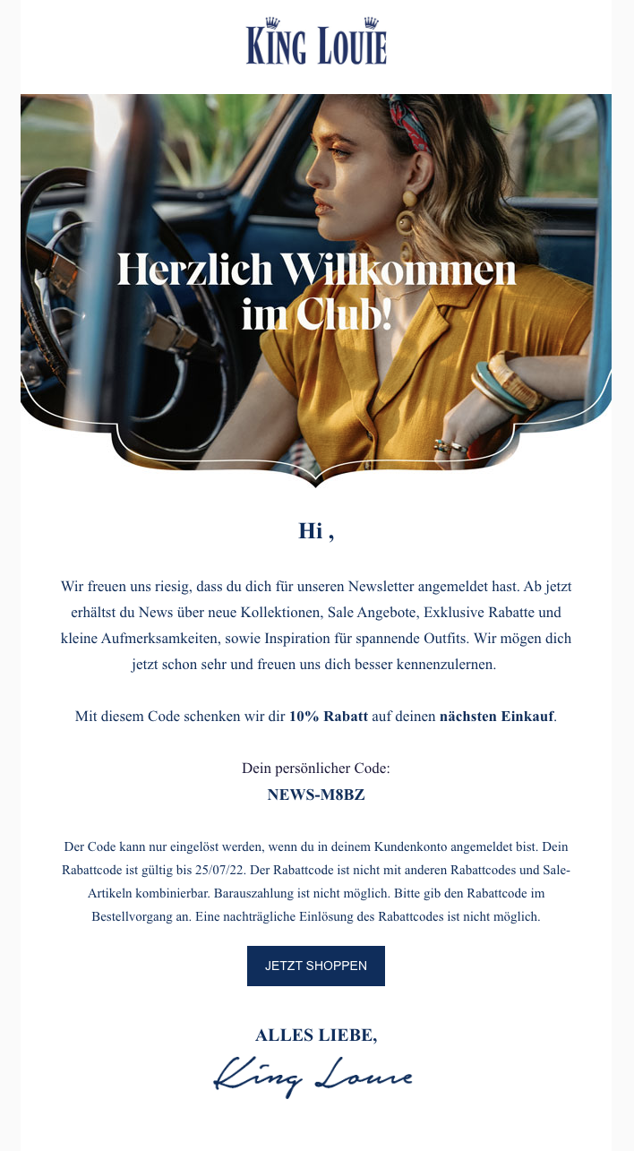 Willkommens-E-Mail von King Louie mit Gutschein für den ersten Einkauf