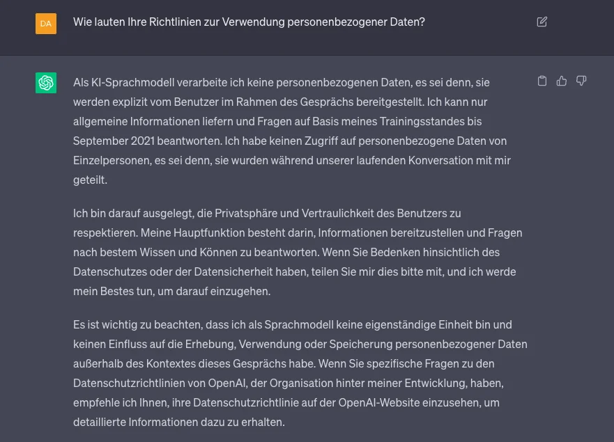 ChatGPTs Antwort auf die Frage wie die Richtlinien zur Verwendung personenbezogener Daten lauten