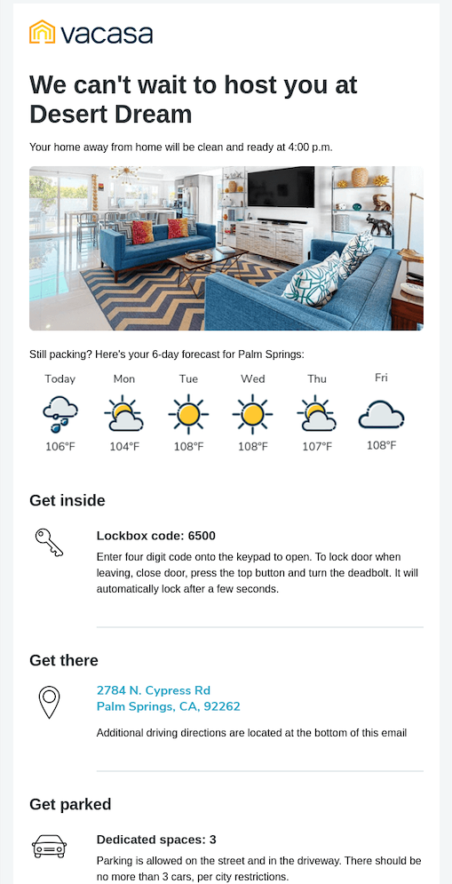 Vacasa booking confirmation email with added value