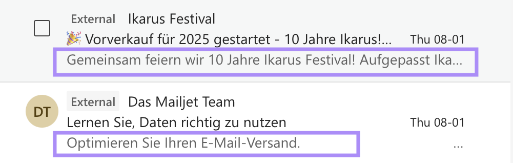 Abbildung, die einen Posteingang mit zwei E-Mail-Betreffzeilen und dem dazugehörigen Preheader zeigt.