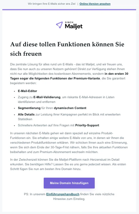 Erste E-Mail von Mailjet die im CI des Unternehmens gehalten wird und die ersten Funktionen vorstellt.