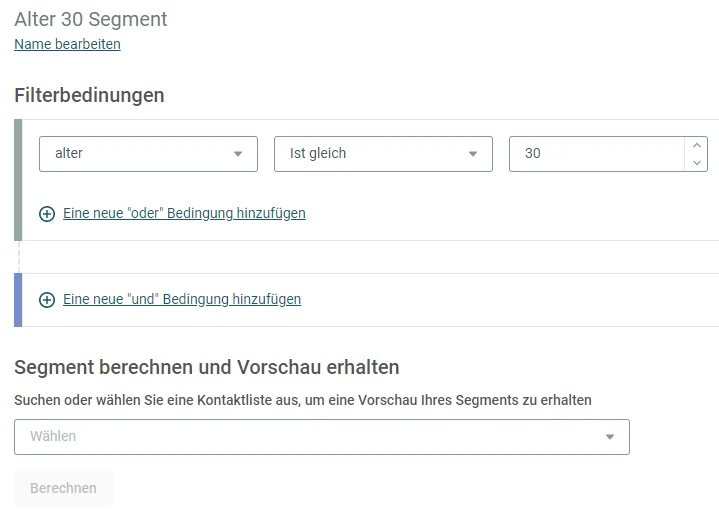 Beispiel für ein E-Mail-Segment basierend auf Alter-Kontakteigenschaft