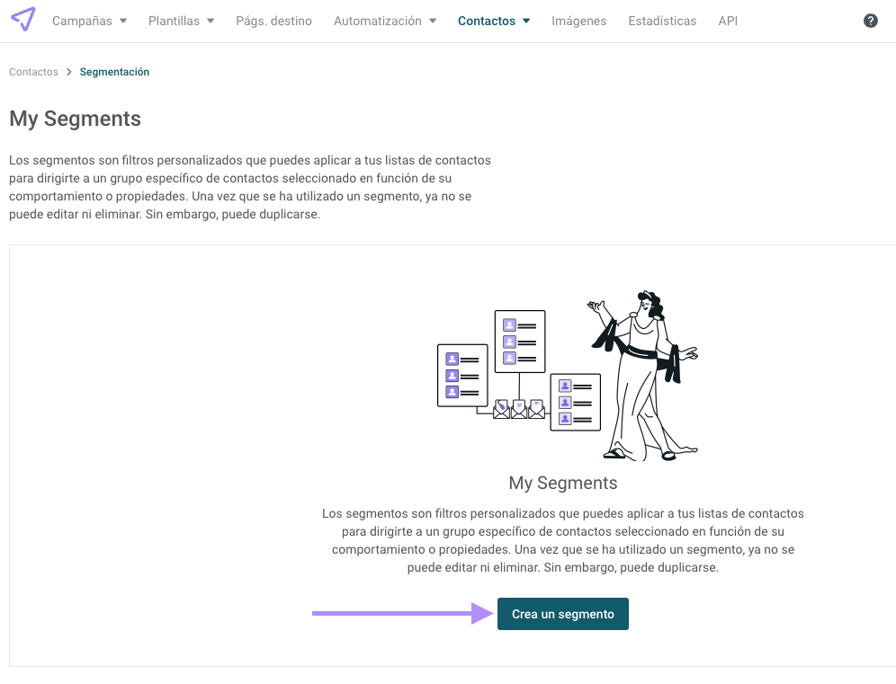 Panel de control de Segmentación de Mailjet.