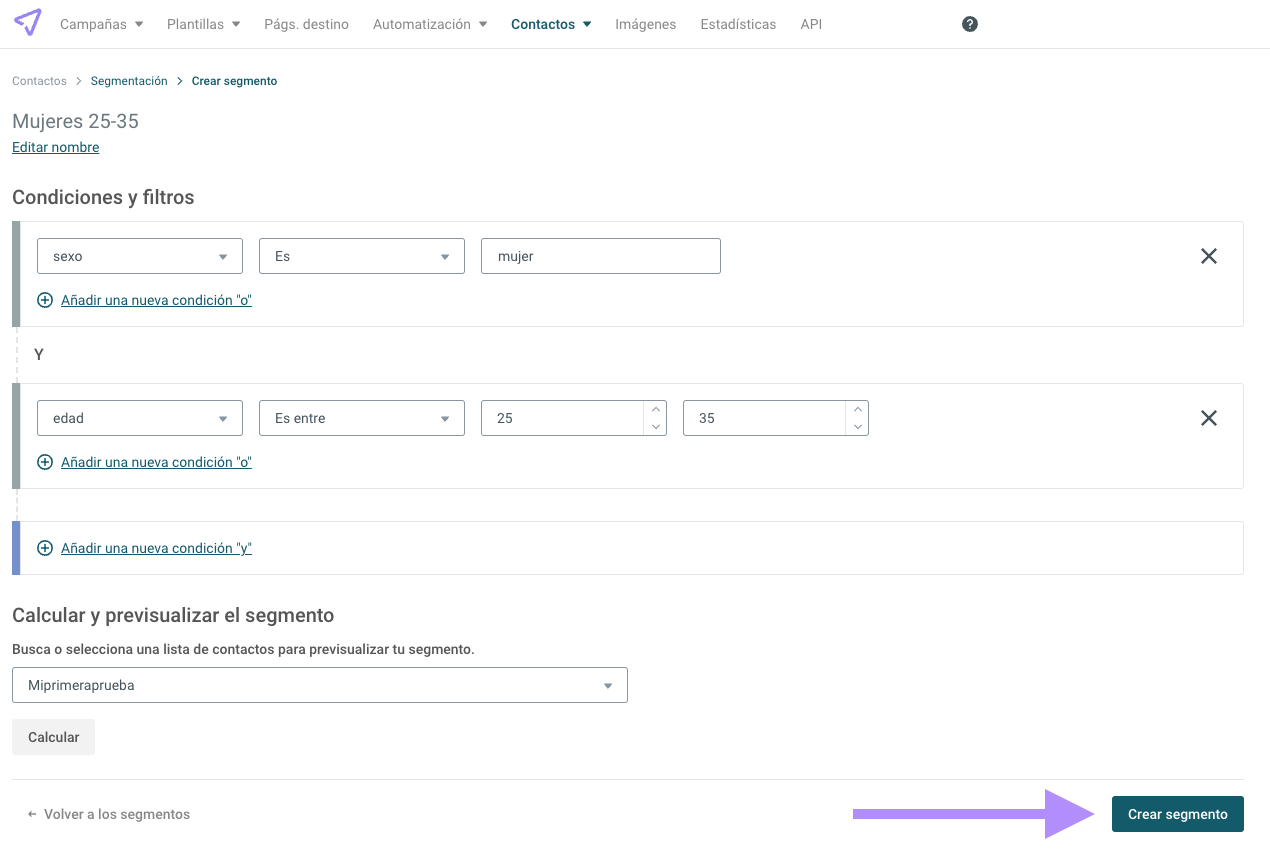 Herramienta para la creación de segmentos de Mailjet.