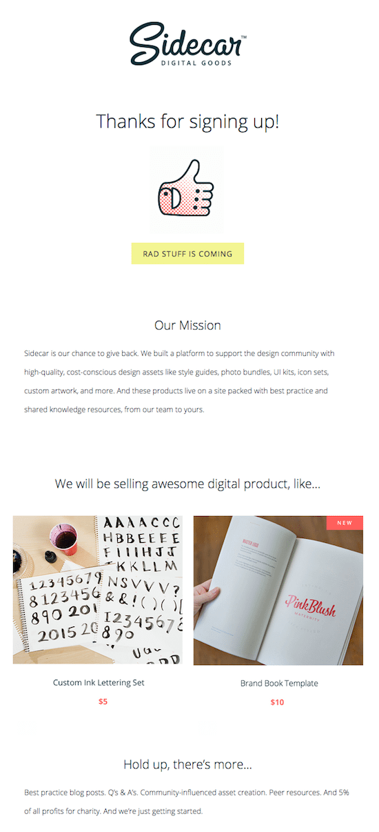 Sidecar's welcome email with a big welcome and a little info about their company