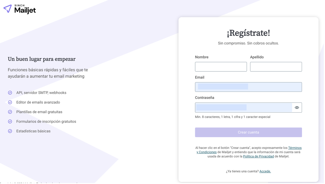 Captura de pantalla de la página de destino de Mailjet con un formulario de registro.