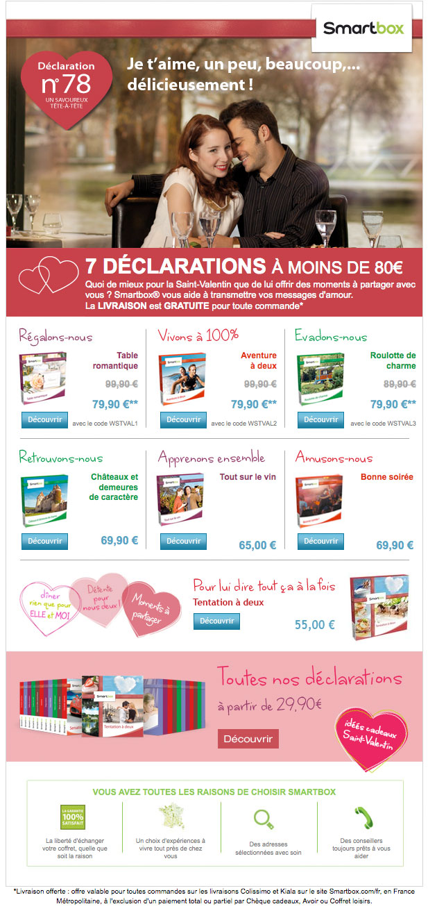 Un email de Saint-Valentin envoyé par Smartbox avec des offres à moins de 80 €