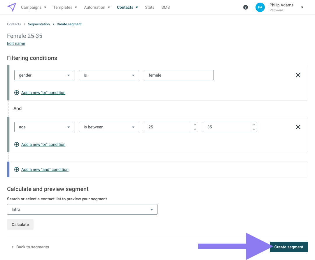 Mailjet’s segment creation tool