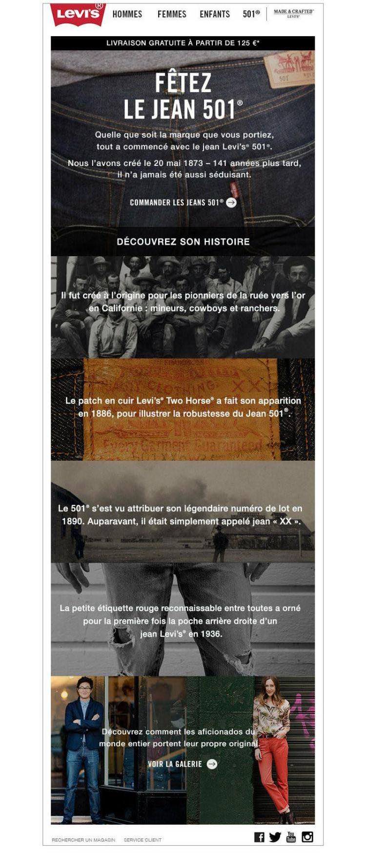 Capture d’écran d’un email envoyé par Levi’s à l’occasion de l’anniversaire du jean 501.