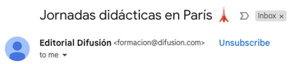 Una línea de asunto de la editorial Difusión sobre un evento en París.