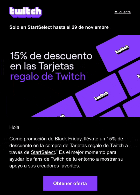 Captura de pantalla de la campaña de Black Friday de Twitch.