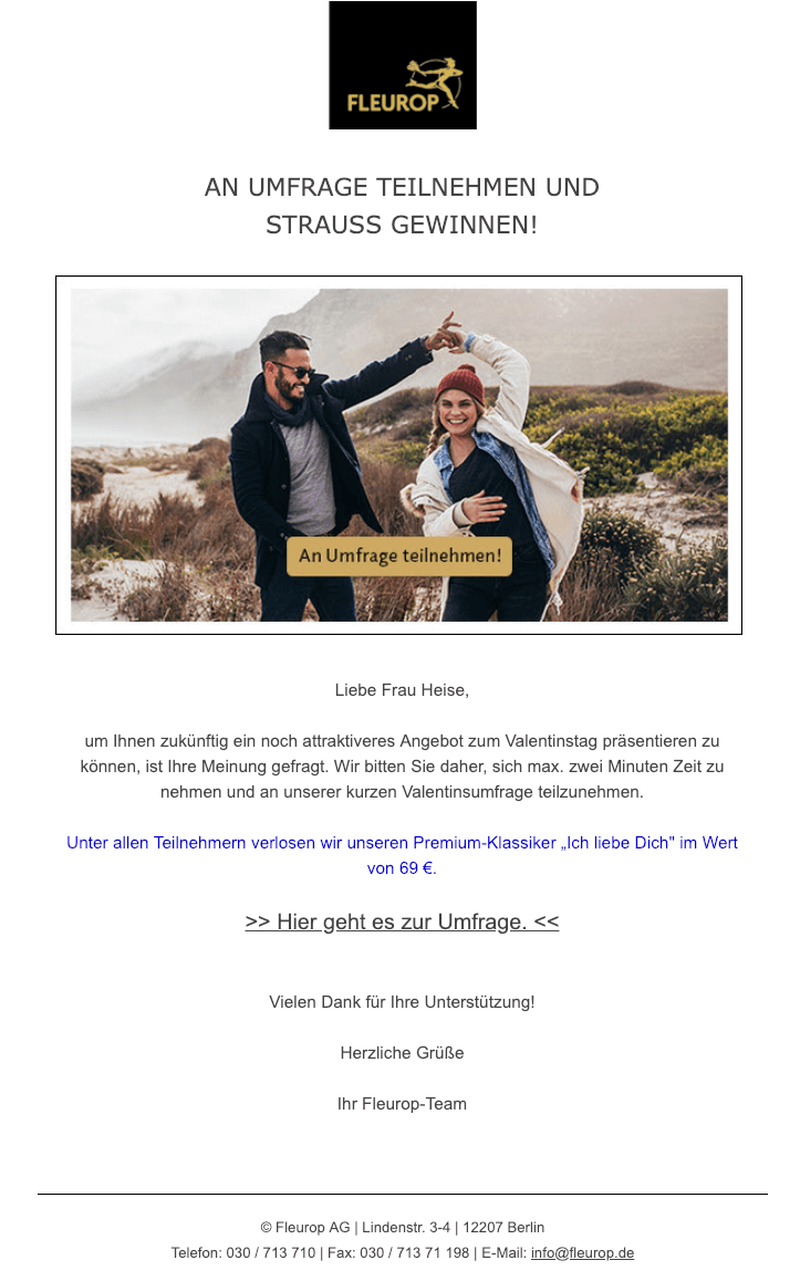 Abbildung, die eine Umfrage von Fleurop zeigt, bei der Kunden einen Strauß gewinnen können