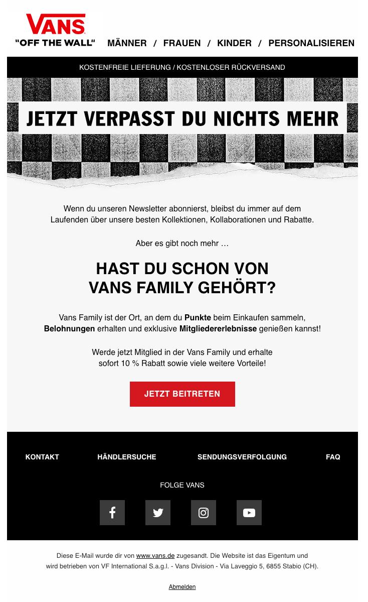 Abbildung einer kurzen Willkommens-Mail des E-Commerce-Unternehmens Vans.