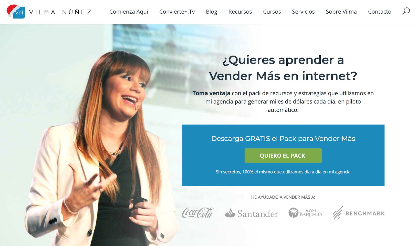 Ejemplo de página de destino para descargar un pack de recursos de Vilma Núñez.