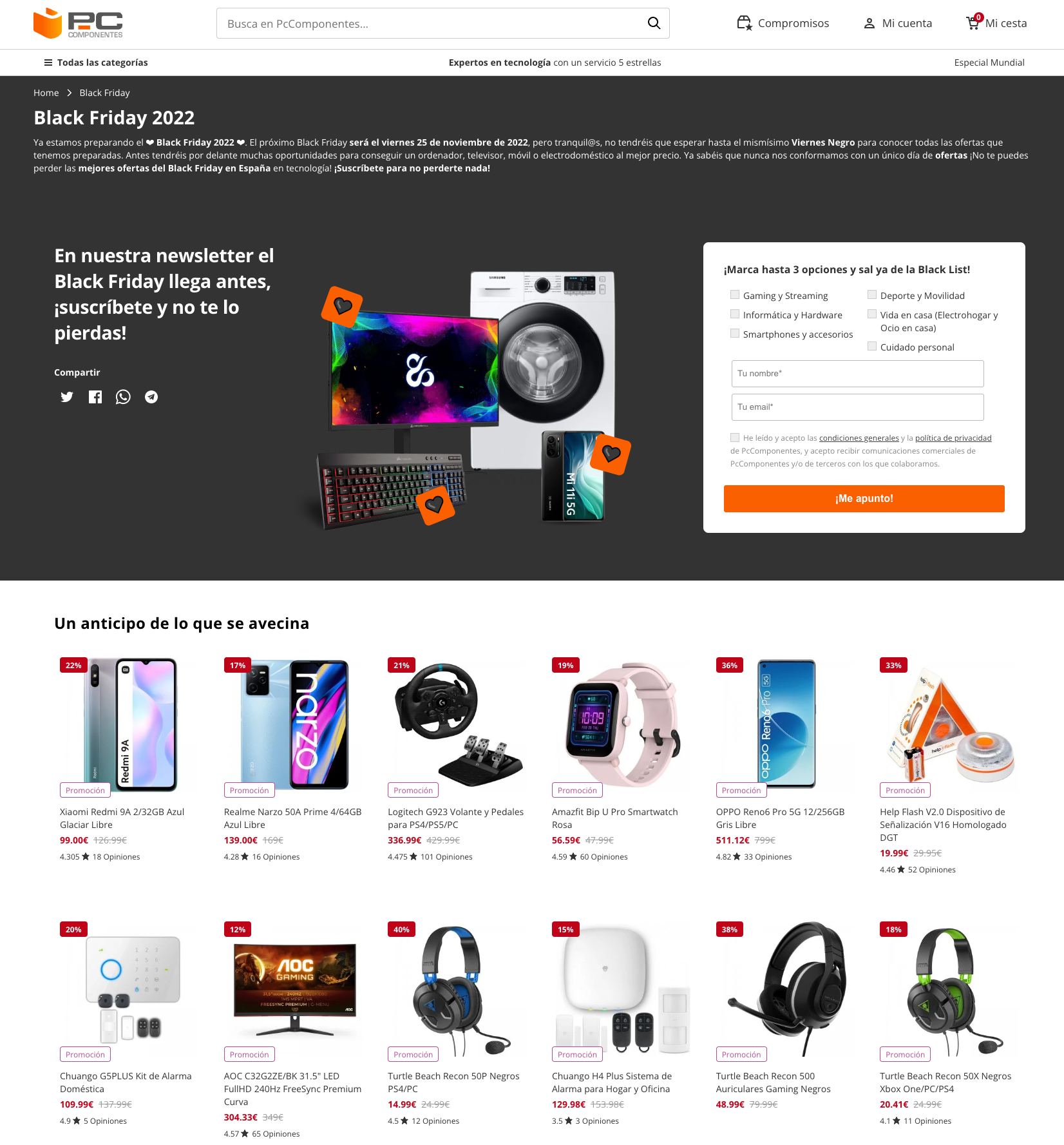 Página de destino de Black Friday de PcComponentes.