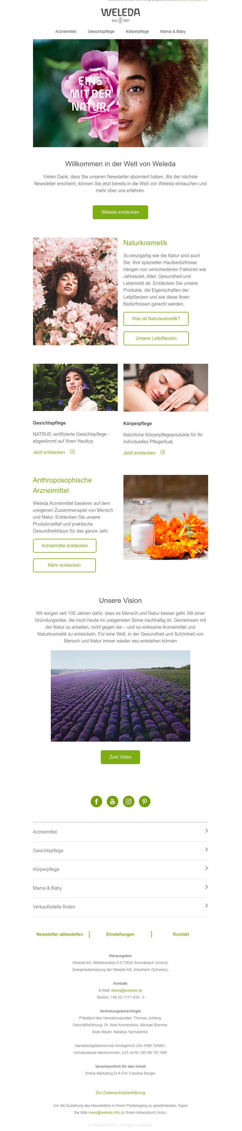 Abbildung einer Willkommens-Mail von Weleda. Die E-Mail enthält Naturbilder von Lavendel und anderen Pflanzen.