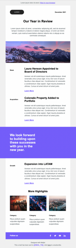 End-of-year email template.