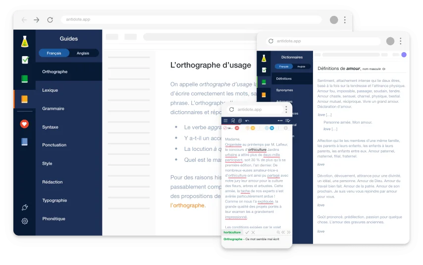 Capture d’écran des fonctionnalités de correction proposées par l’outil Antidote