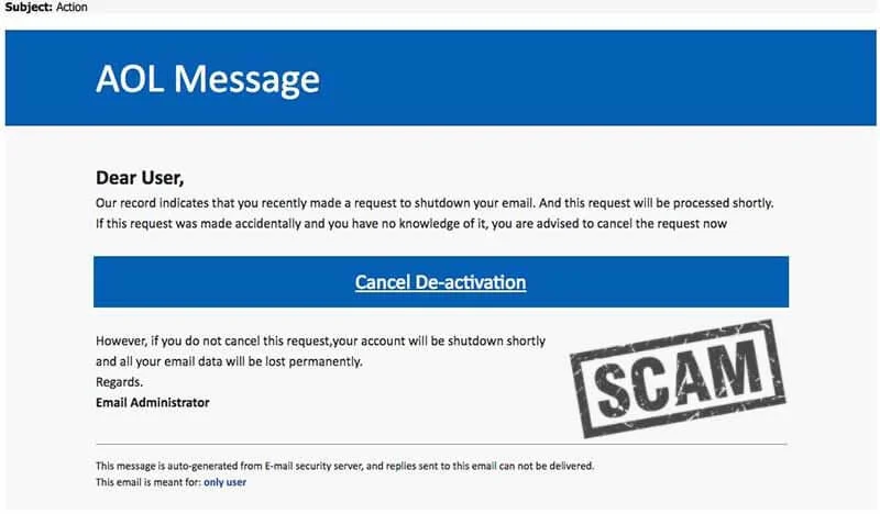 Screenshot of AOL scam email