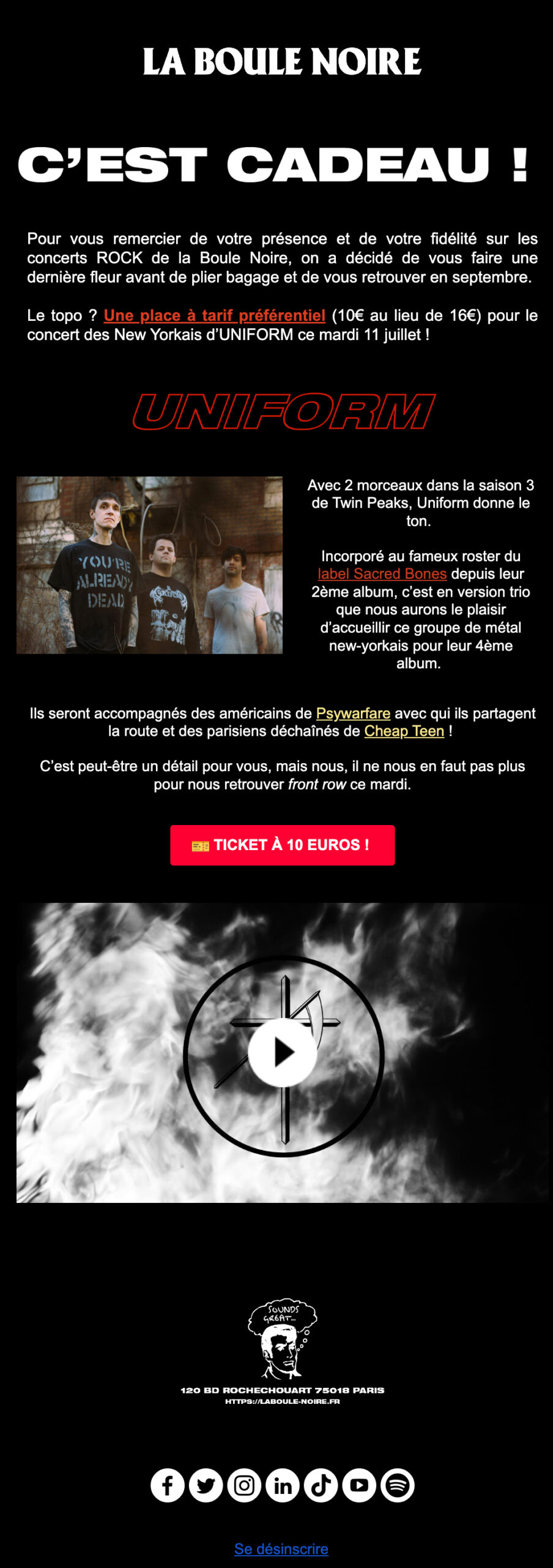 Email de remerciement de la Boule Noire