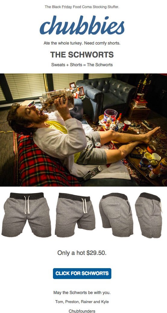 Email featuring man on couch binge eating