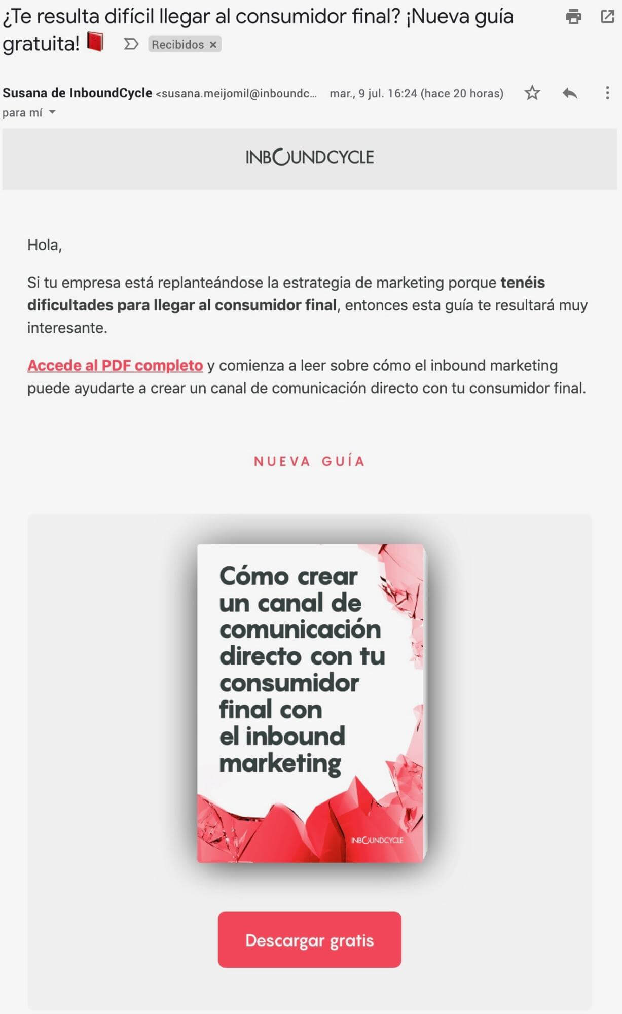 Email de Inboundcycle donde presentan una guía para sus clientes.