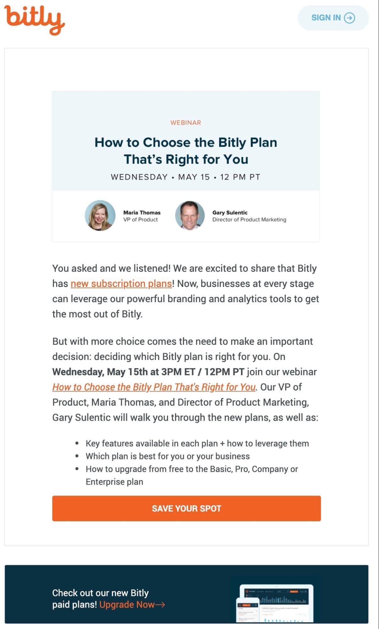 Email con una invitación a un webinario de Bitly.