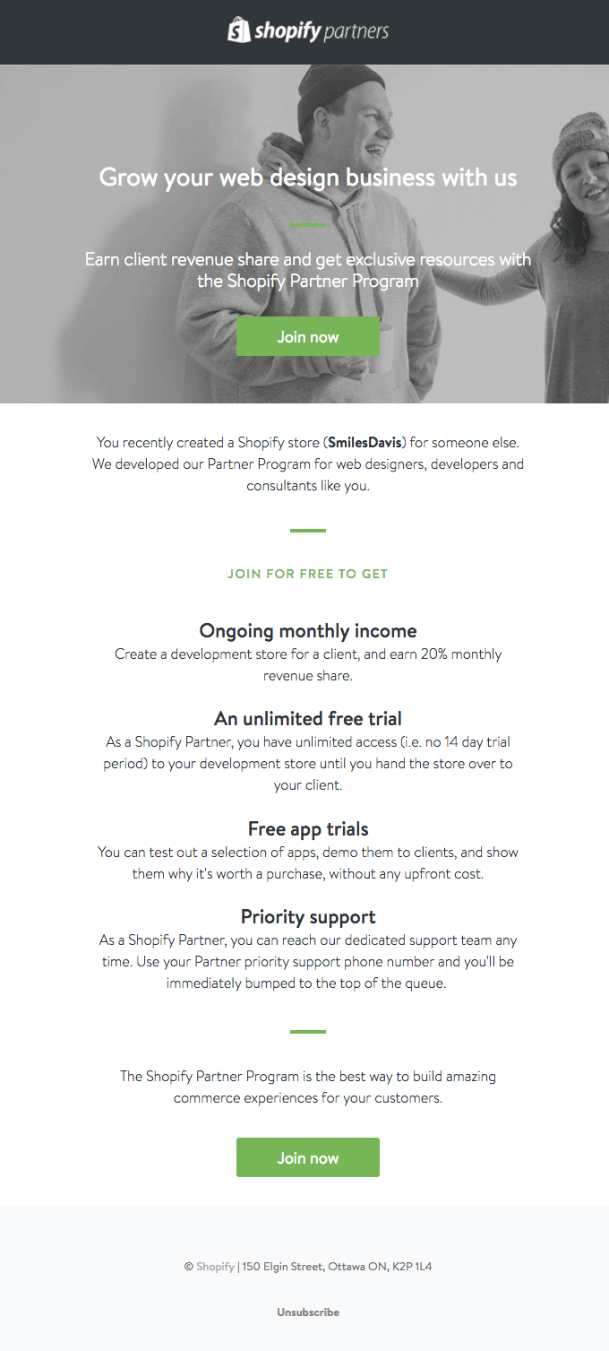 Email anunciando novedades en su programa de colaboradores por parte de Shopify.
