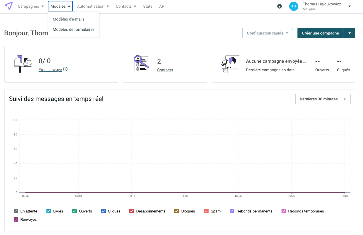 Capture d’écran de l’interface de l’application Mailjet
