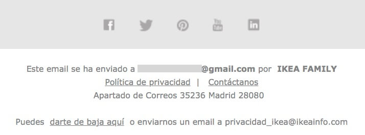 Ejemplo de pie de página de una newsletter con sus correspondientes avisos legales