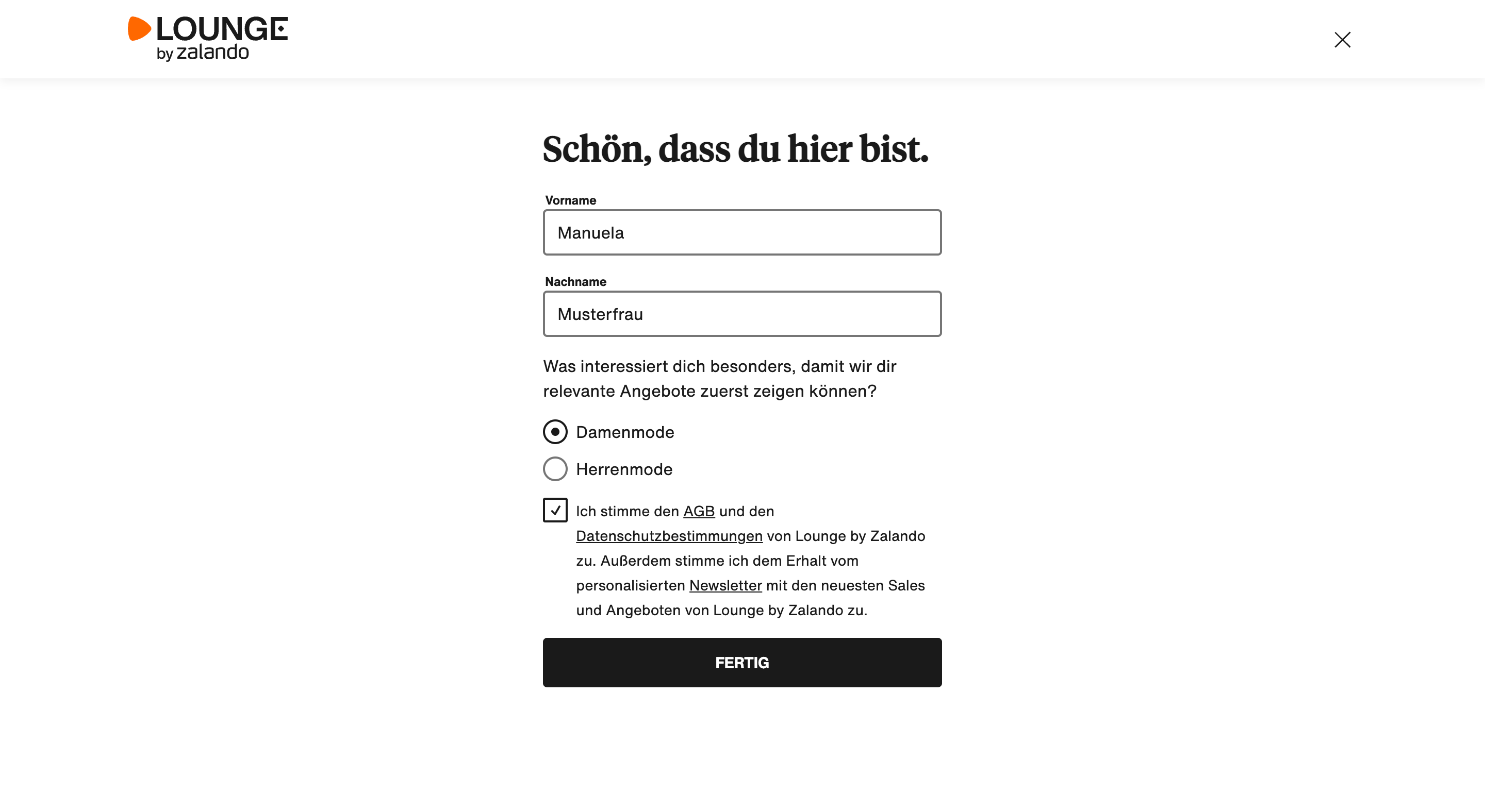 Anmeldeformular für exklusive Deals bei der Zalando Lounge