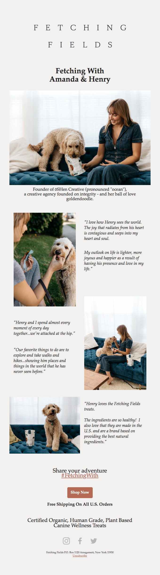 Screenshot of a testimonial email sent by Fetching Fields