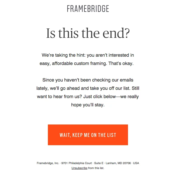 An example of a reactivation email campaign from Framebridge