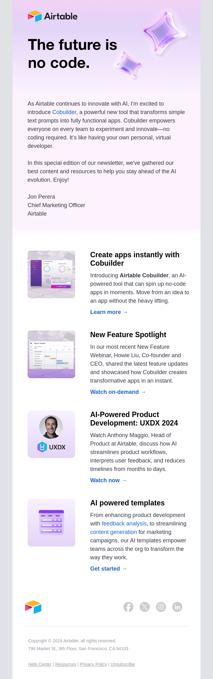 An example of a B2B email marketing email from AI tool Airtable