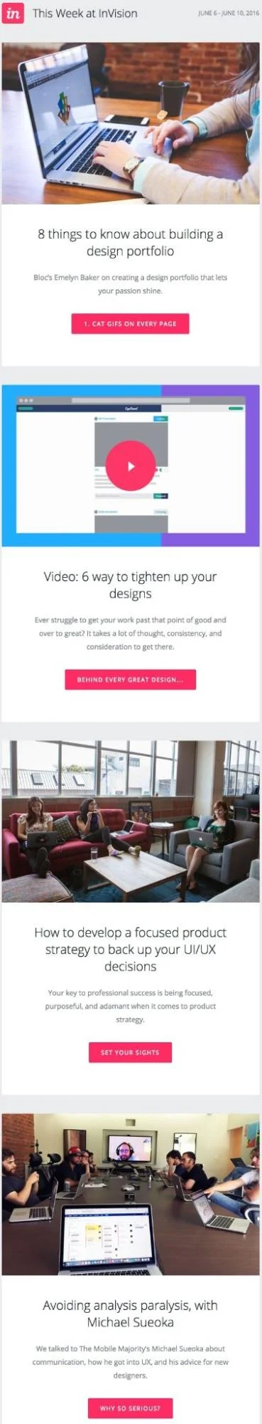 Spacious content newsletter from InVision with segmented sections.