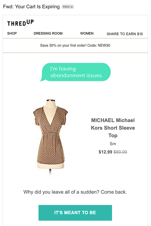 Abandonment email with conversational text bubble.