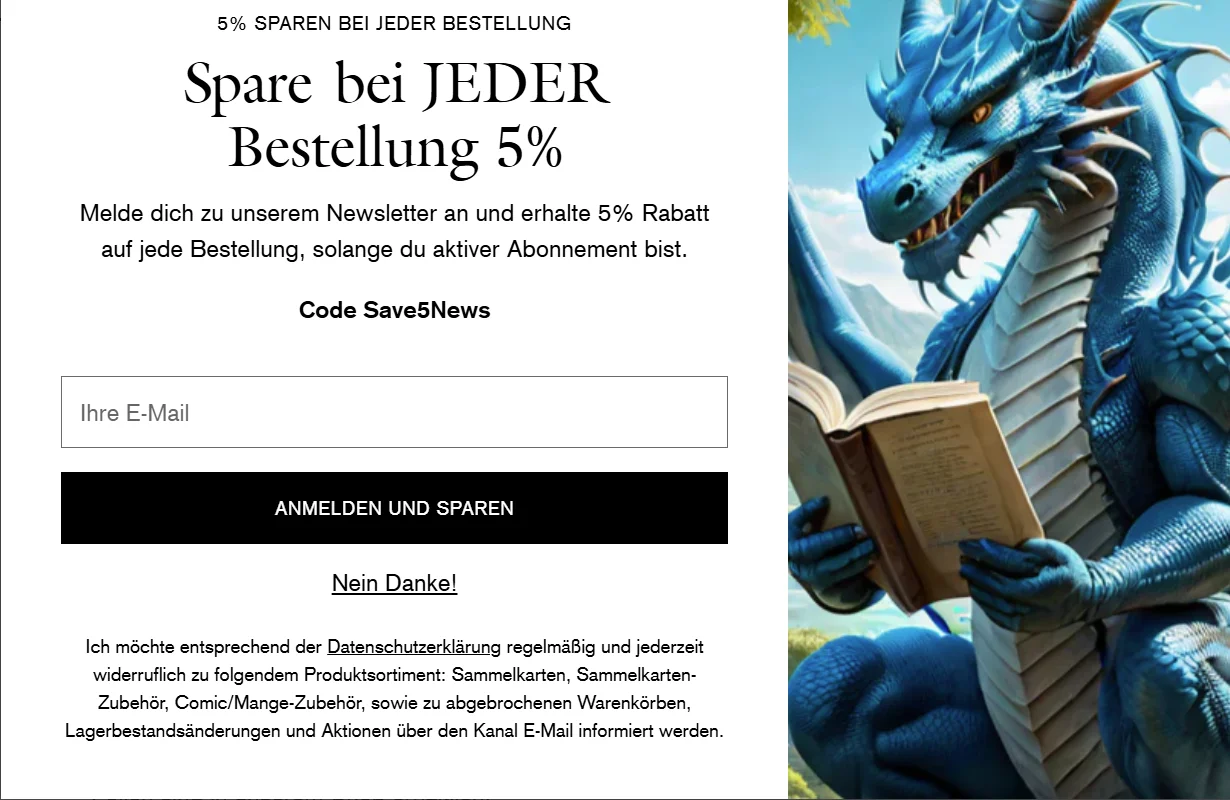 Die Website Gamesdynamics hat einen Newsletter gestaltet, auf dem ein 5% Rabatt angeboten wird und ein blauer Drache zu sehen ist der ein Buch liest.
