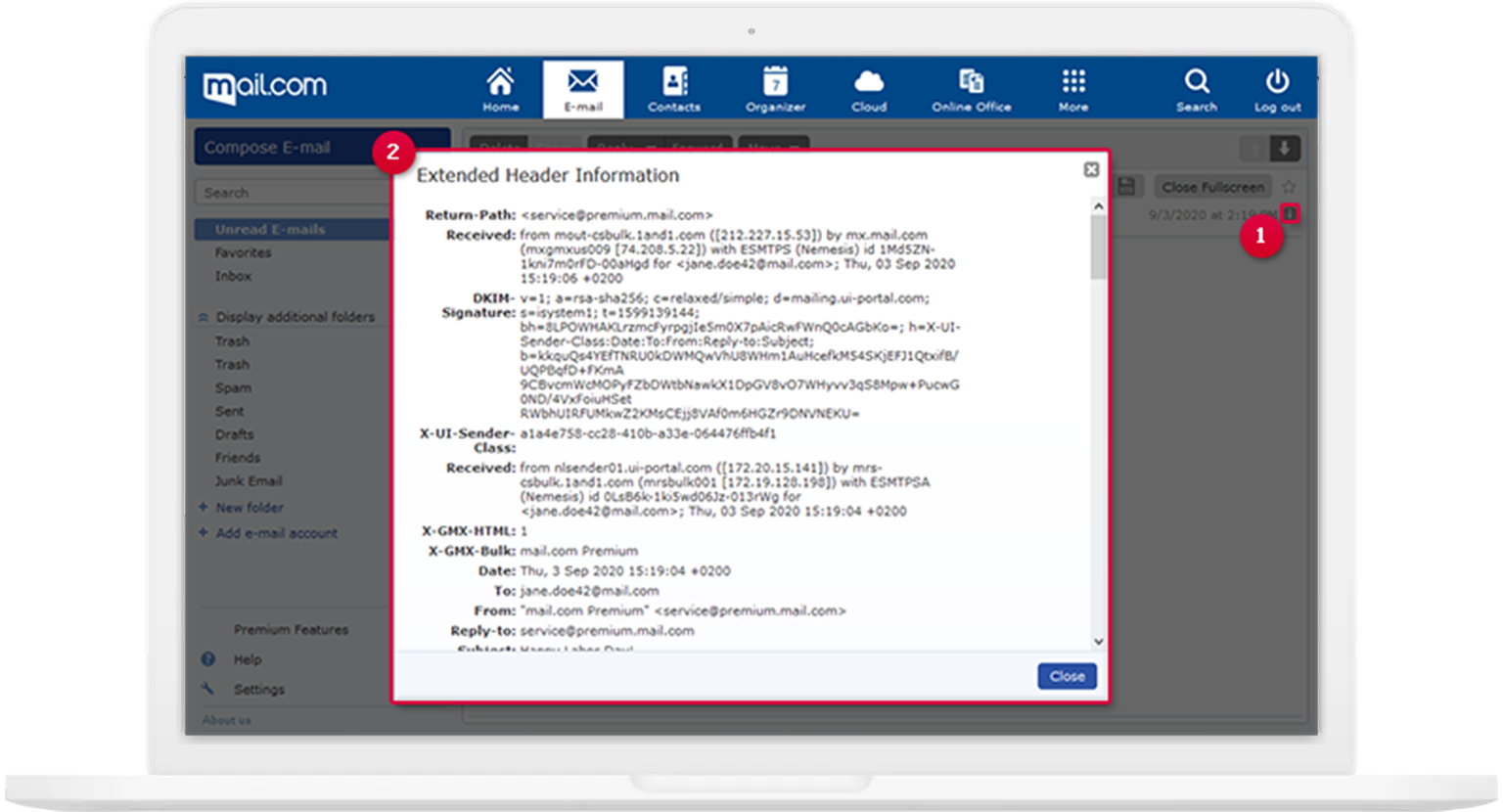 Full email header using Mail.com