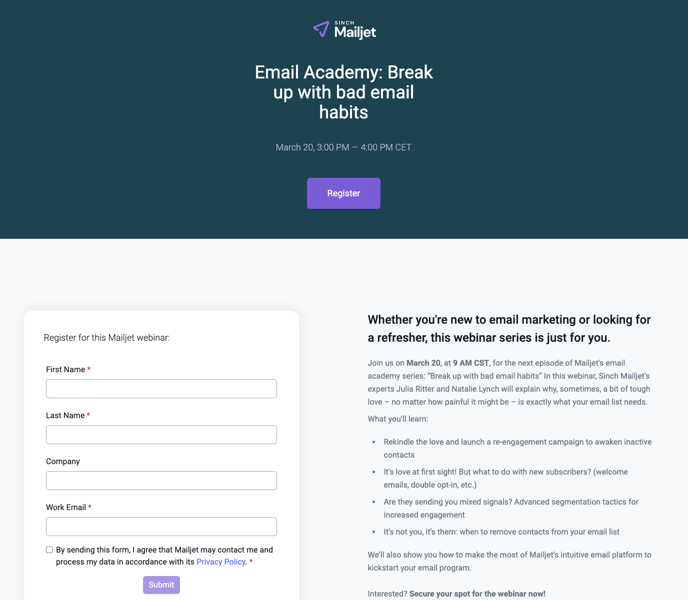 Un ejemplo de página de destino sincronizada de la serie de webinarios Email Academy de Sinch Mailjet