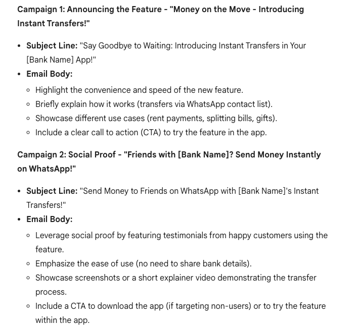 Two email campaign ideas generated by Gemini