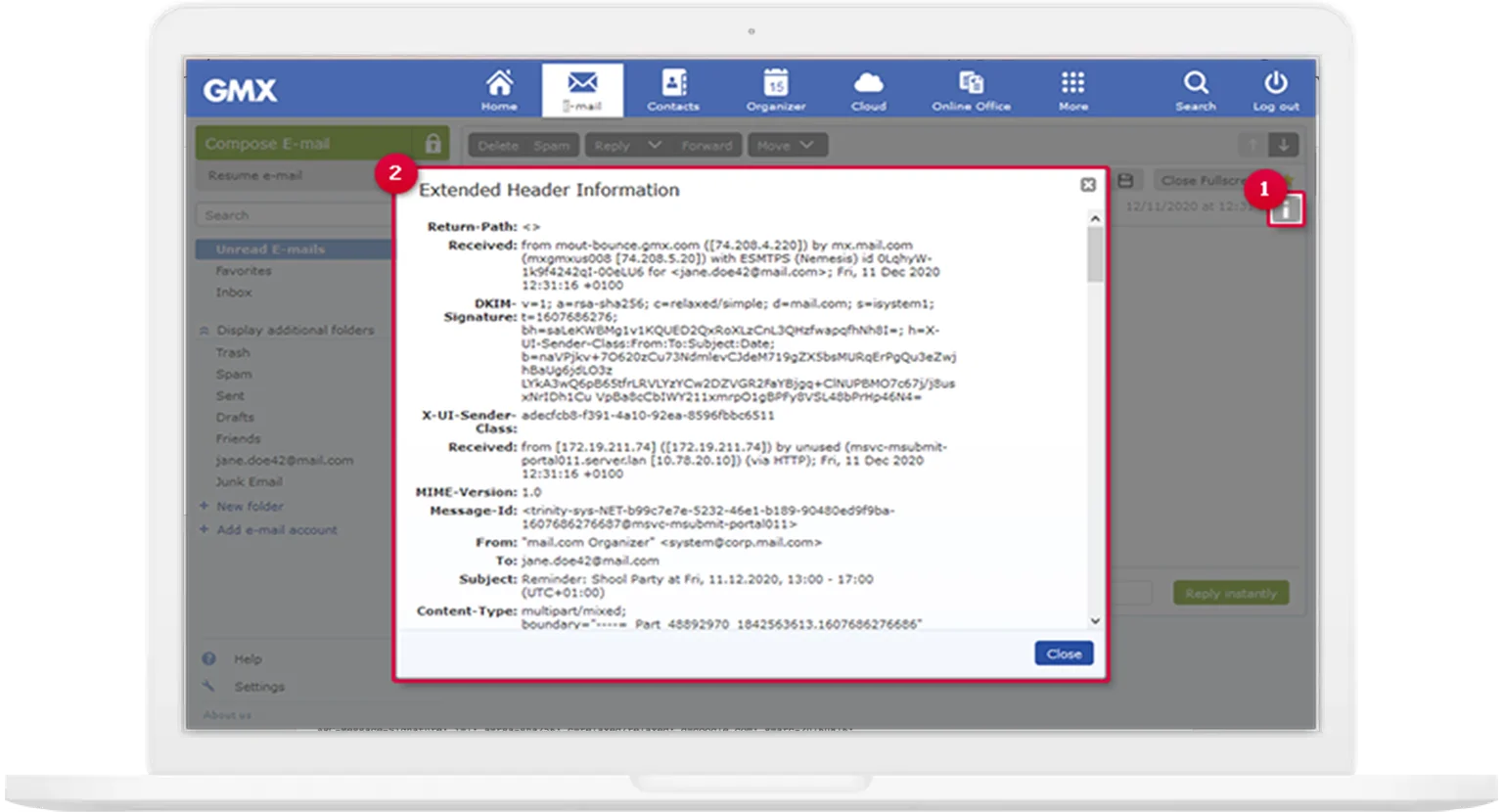 Full email header using GMX