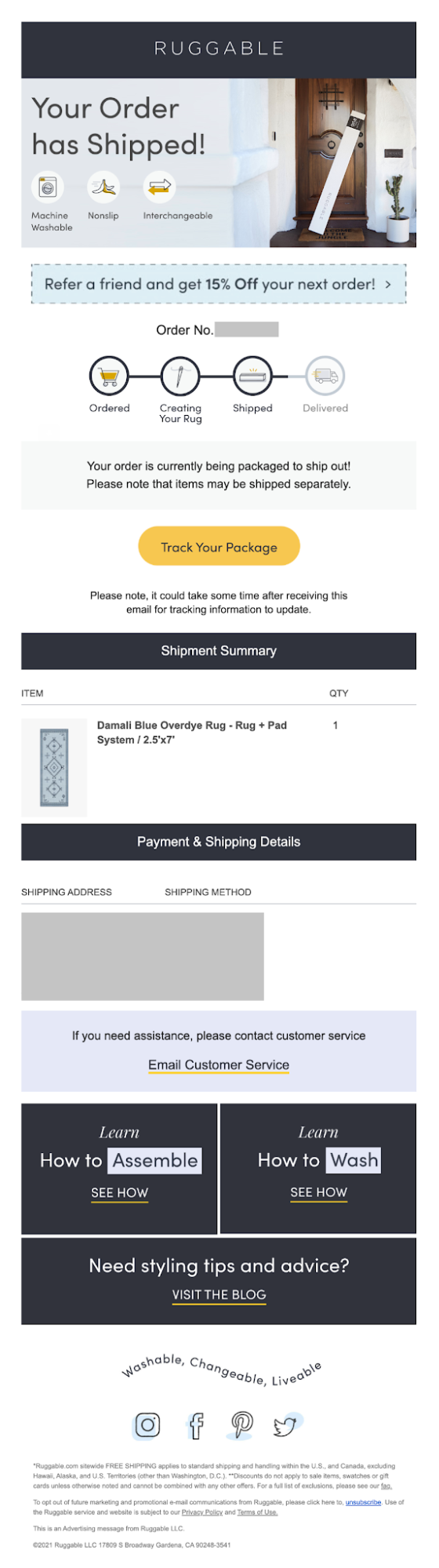 Ruggable order confirmation transactional email
