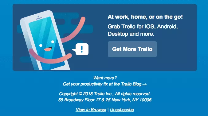 Blue footer with street address and various links