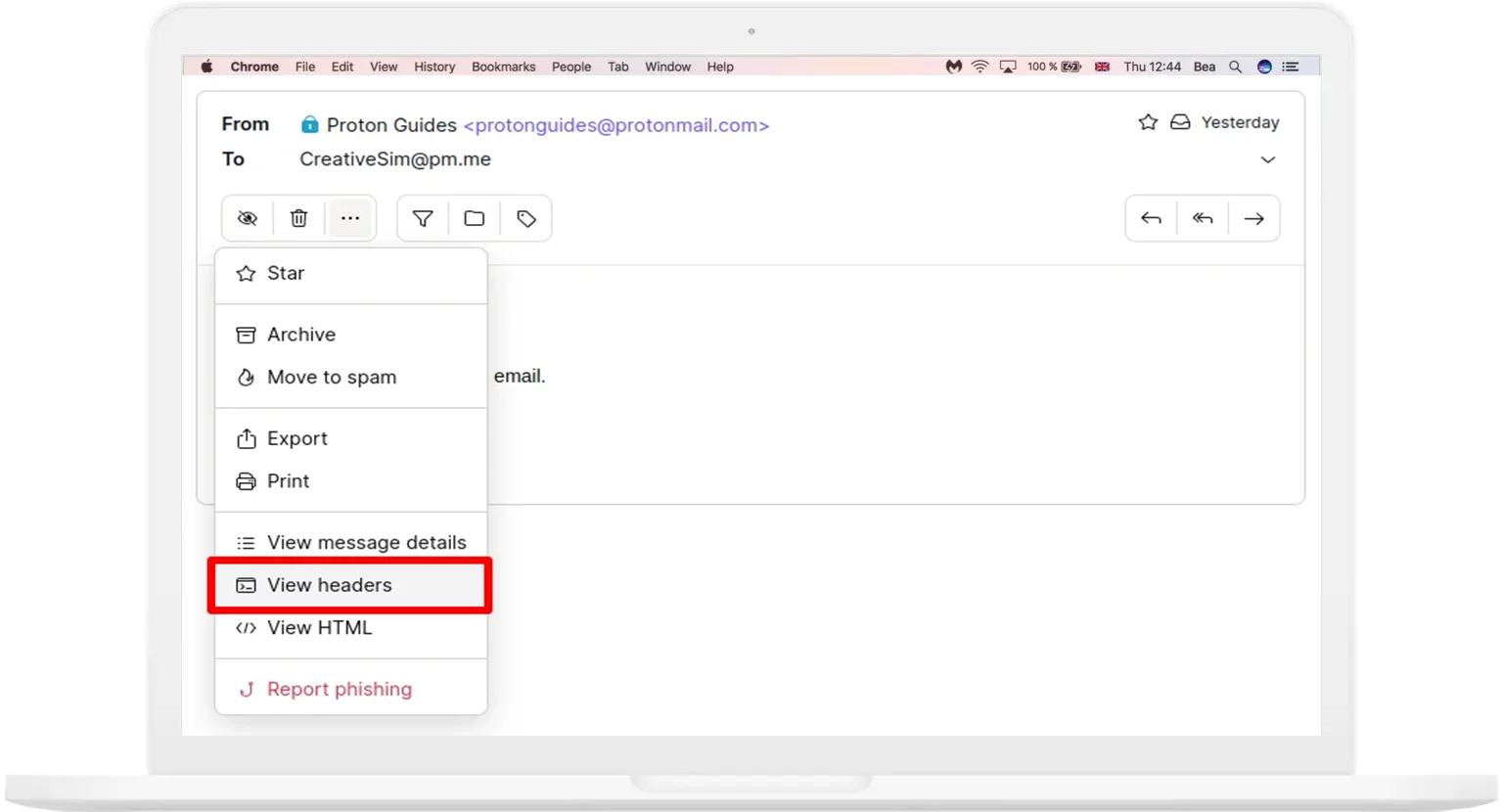 Full email header using ProtonMail