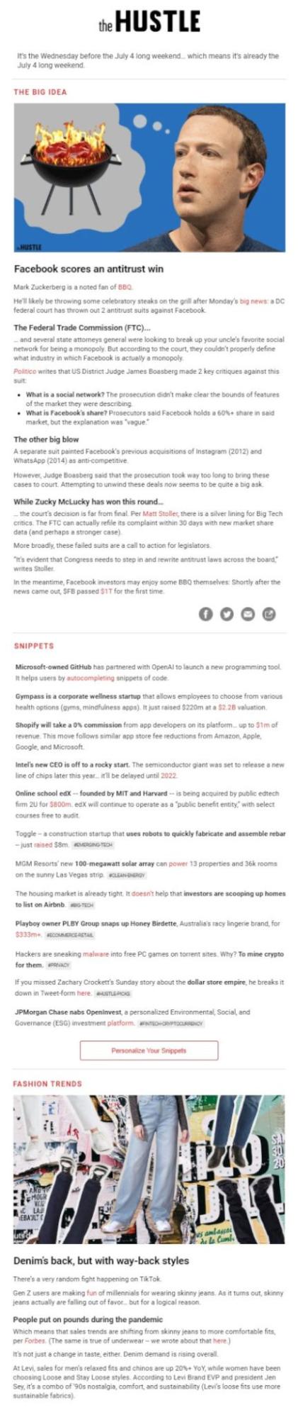 Detailed newsletter headlines from The Hustle.