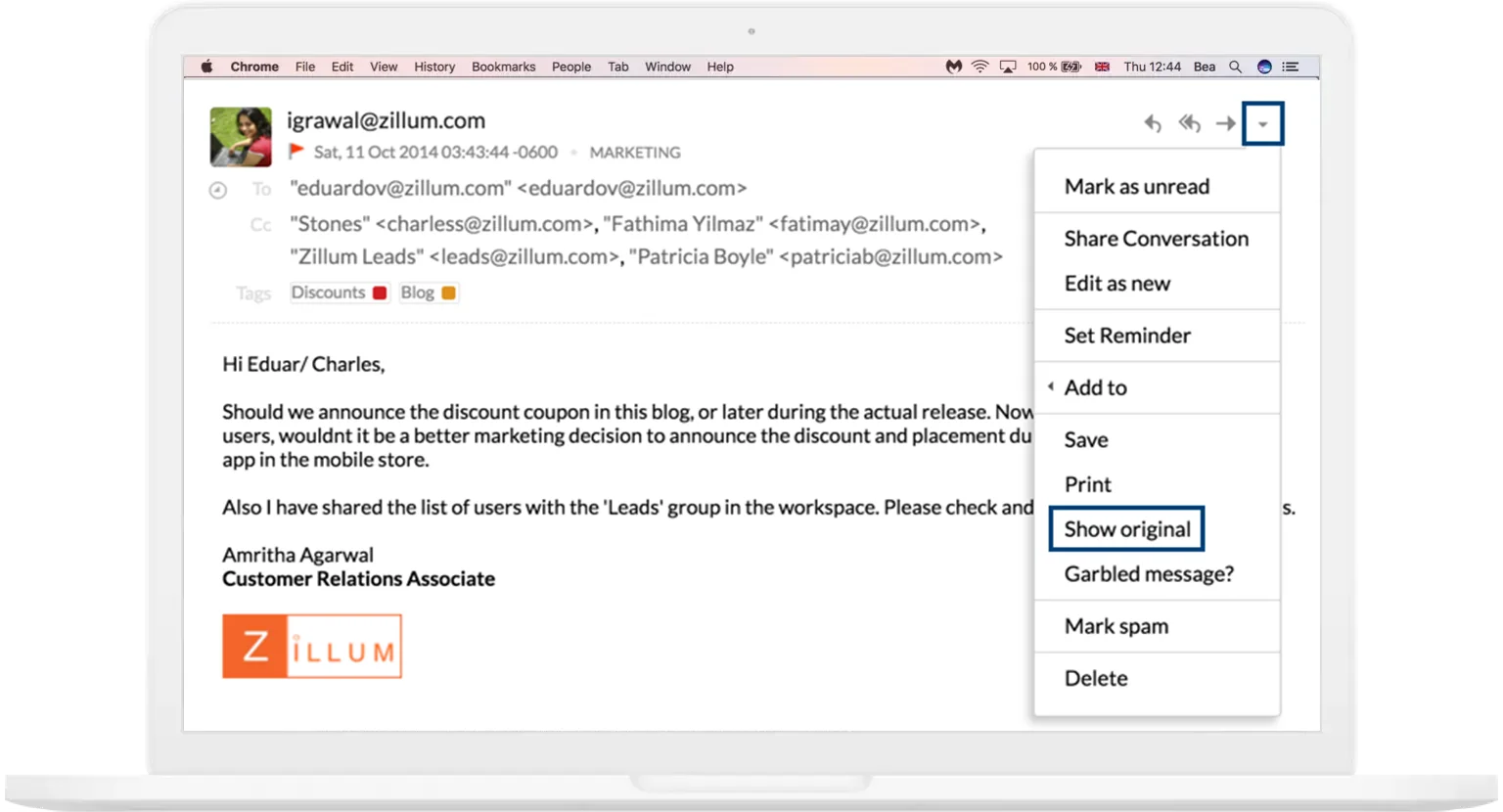 Full email header using Zoho CRM