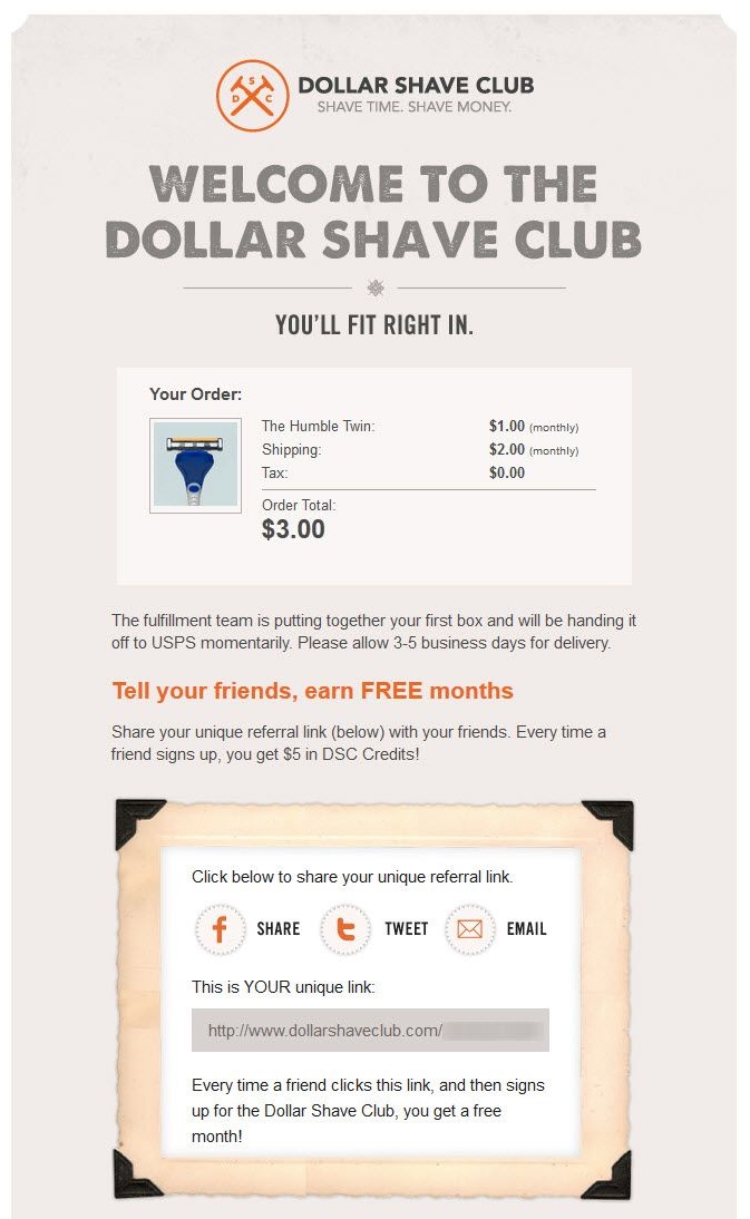 Dollar Shave Club welcome transactional email
