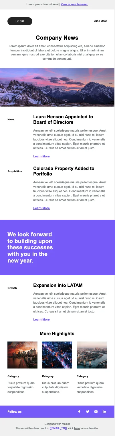 Purple themed company update campaign.