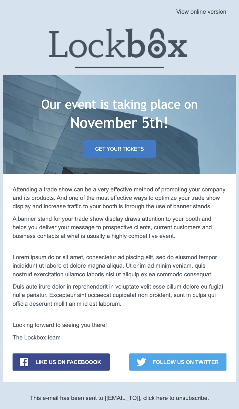 Minimalist email template for events.