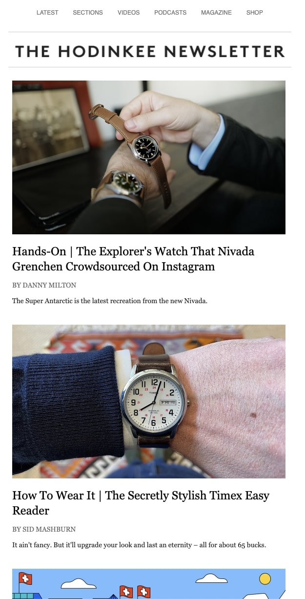 Hodinkee newsletter containing watch reviews content with wide imagery.